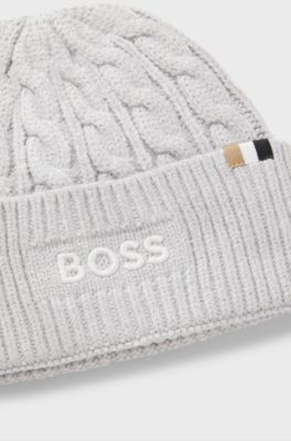 Kids cable-knit beanie hat with embroidered logo, Light Grey