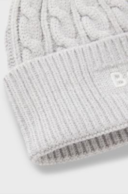 Kids cable-knit beanie hat with embroidered logo, Light Grey