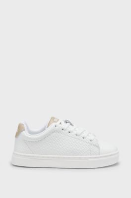 Sneakers bambini in pelle con monogrammi goffrati, Bianco