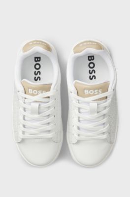 Sneakers bambini in pelle con monogrammi goffrati, Bianco
