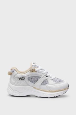 Sneakers bambini in pelle e mesh, Bianco