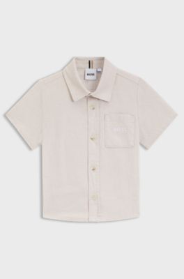 Maglietta bambini in lino e cotone con dettaglio logo, Beige chiaro