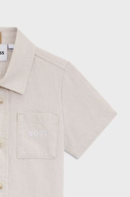 Maglietta bambini in lino e cotone con dettaglio logo, Beige chiaro