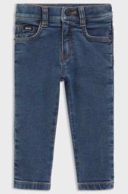 Jeans bambini in denim elasticizzato blu lavorato a maglia, Blu