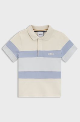 Kids' stretch-cotton polo shirt with colour-block stripes, Light Beige