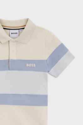 Kids' stretch-cotton polo shirt with colour-block stripes, Light Beige