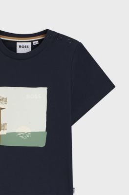T-shirt bambini in jersey di cotone con grafica con logo, Blu scuro