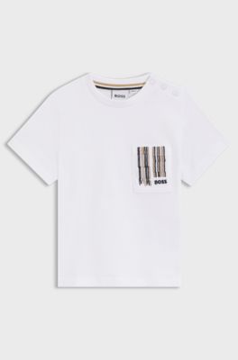 Kids' T-shirt in cotton with signature-stripe pocket, White