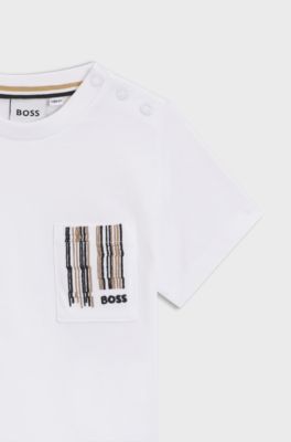 Kids' T-shirt in cotton with signature-stripe pocket, White