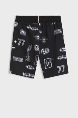 Ba&ntilde;ador tipo shorts para ni&ntilde;os con ilustraci&oacute;n original, Negro