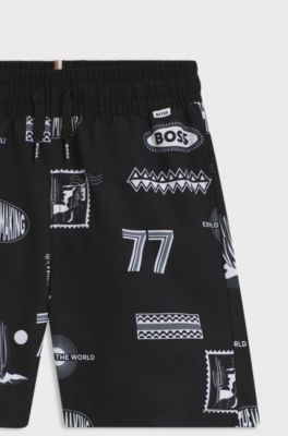 Ba&ntilde;ador tipo shorts para ni&ntilde;os con ilustraci&oacute;n original, Negro
