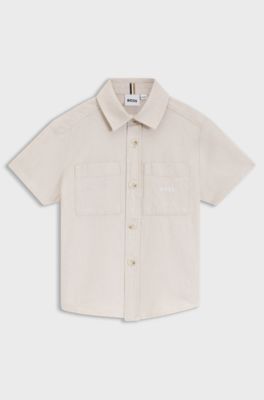 Maglietta bambini in lino e cotone con logo ricamato, Beige chiaro