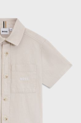 Maglietta bambini in lino e cotone con logo ricamato, Beige chiaro