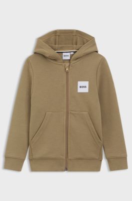 Felpa con cappuccio e zip per bambini con etichetta con logo, Marrone