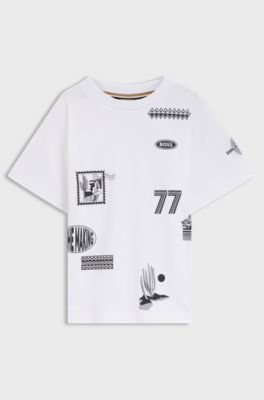 Kids' loose-fit T-shirt in cotton with printed badges, White