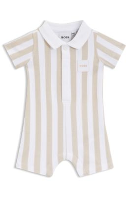 Baby playsuit in striped cotton with polo collar, Beige