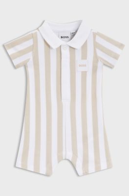 Baby playsuit in striped cotton with polo collar, Beige
