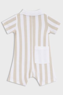 Baby playsuit in striped cotton with polo collar, Beige