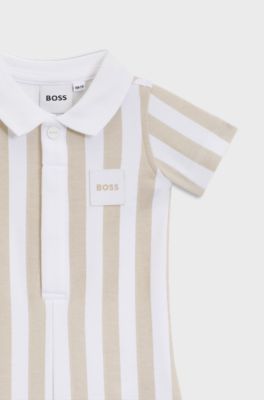 Baby playsuit in striped cotton with polo collar, Beige