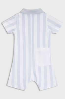 Baby playsuit in striped cotton with polo collar, Light Blue