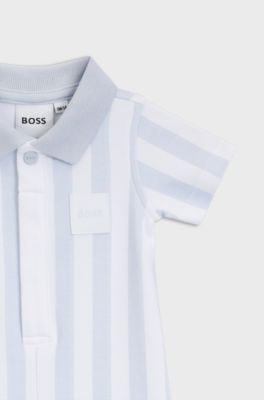 Baby playsuit in striped cotton with polo collar, Light Blue