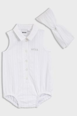Bodysuit voor baby&rsquo;s van seersuckermateriaal met bijpassende hoofdband, Wit