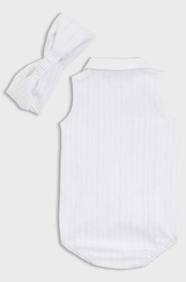Baby bodysuit in seersucker fabric with matching headband, White