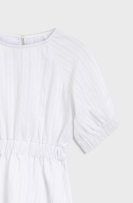 Kids' dress in striped seersucker with puff sleeves, White