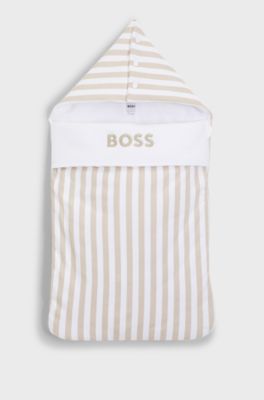 Baby nest in striped cotton with embroidered logo, Beige