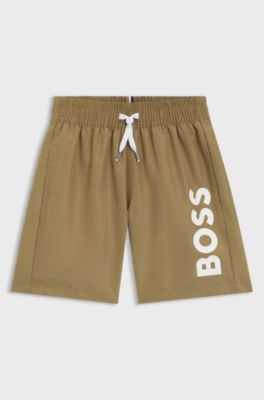 Kids' swim shorts with logo print, Brown