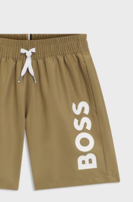 Kids' swim shorts with logo print, Brown