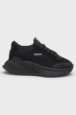 Baskets enfant avec tige en maille et finitions en cuir su&eacute;d&eacute;, Noir