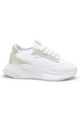 Kids' trainers with knitted uppers and suede trims, White