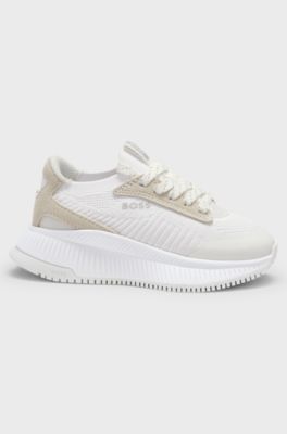 Baskets enfant avec tige en maille et finitions en cuir su&eacute;d&eacute;, Blanc