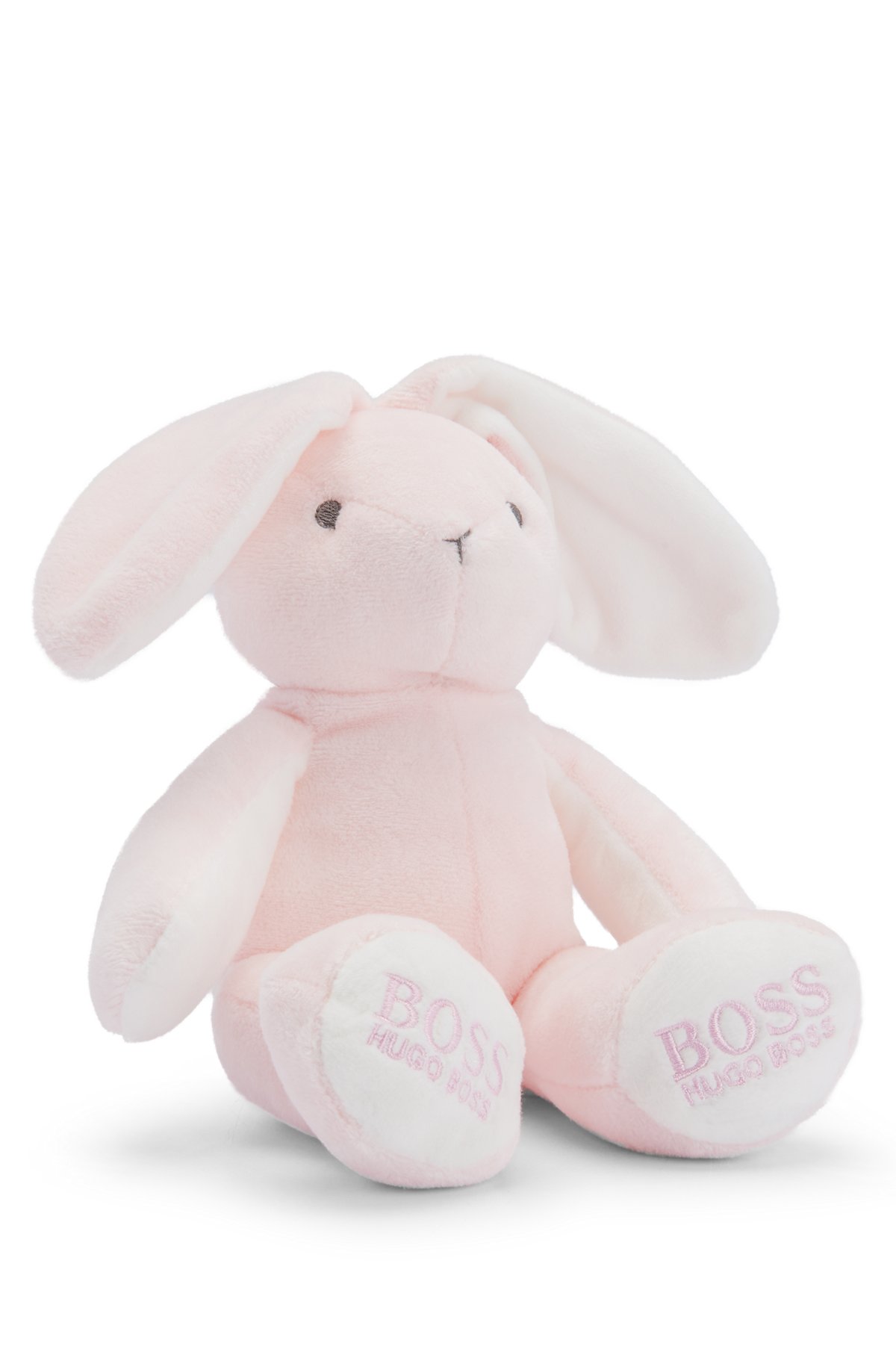 Baby bunny toy in faux fur with printed logos, light pink
