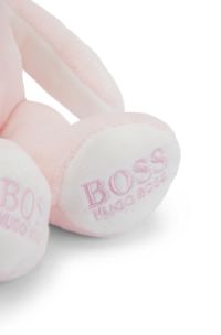 Baby bunny toy in faux fur with printed logos, light pink