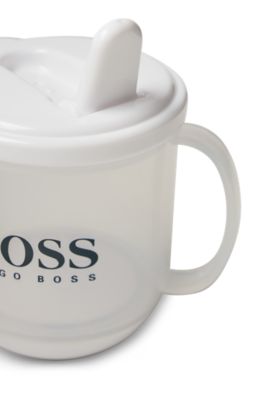 Baby cup in BPA-free plastic with printed logo, White