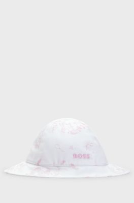 Rabbit-print baby hat with tie-up fastener, White