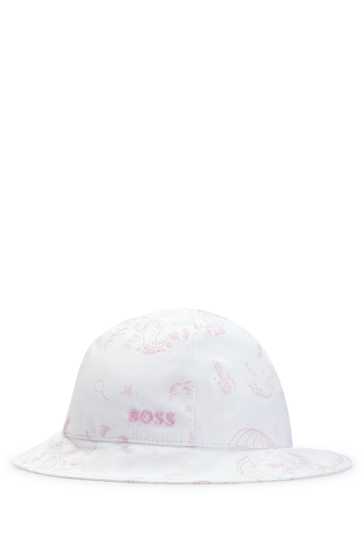 Rabbit-print baby hat with tie-up fastener, White