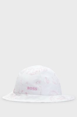 Rabbit-print baby hat with tie-up fastener, White