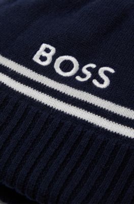 베이비 이어 플랩 및 폼폼 디테일 니트 코튼 모자, 다크 블루