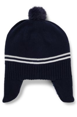 베이비 이어 플랩 및 폼폼 디테일 니트 코튼 모자, 다크 블루
