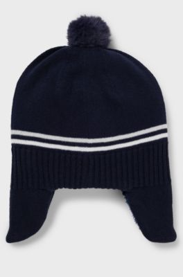 Baby knitted-cotton hat with ear flaps and pompom, Dark Blue