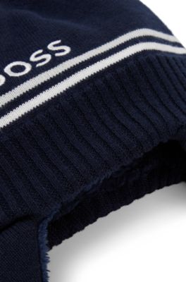 베이비 이어 플랩 및 폼폼 디테일 니트 코튼 모자, 다크 블루