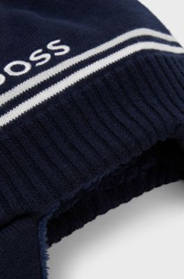 Baby knitted-cotton hat with ear flaps and pompom, Dark Blue