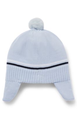 베이비 이어 플랩 및 폼폼 디테일 니트 코튼 모자, 라이트 블루