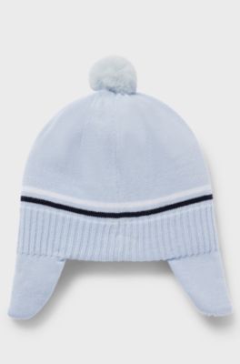Baby knitted-cotton hat with ear flaps and pompom, Light Blue