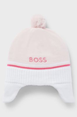 Baby hat in knitted cotton with logo and pompom, light pink