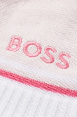 Gebreide babymuts van katoen met logo en pompon, Lichtroze
