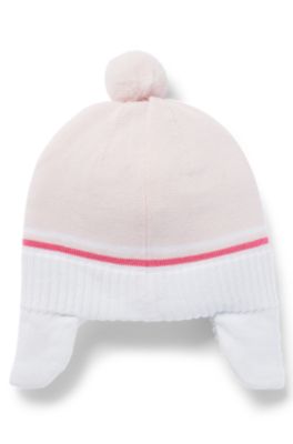 Gebreide babymuts van katoen met logo en pompon, Lichtroze